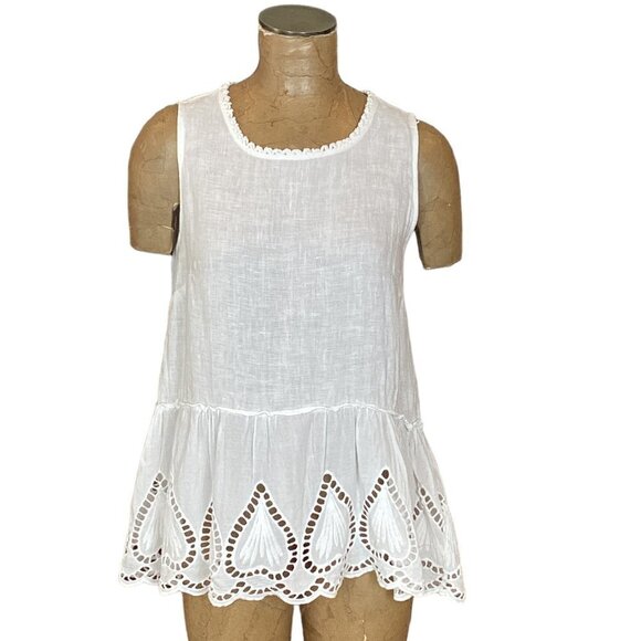 SPAZIOCHIC Italy 100% Linen Sleeveless Tank Top M Ruffle Embroidery Cutouts 271G - Picture 2 of 8